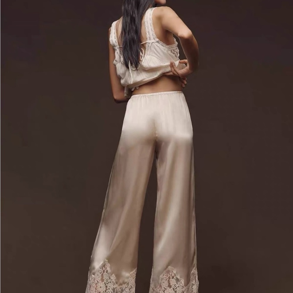 Reformation Cream Satin Wide-Leg Lace Trim Pants size M - Picture 2 of 2